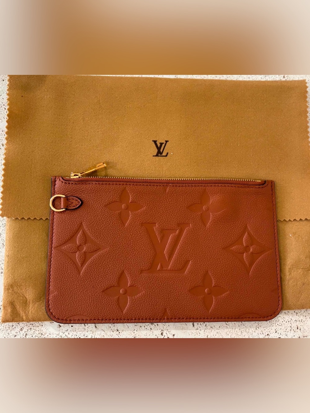 Authentic Louis Vuitton Neverfull Empreinte GM cognac pouch wristlet